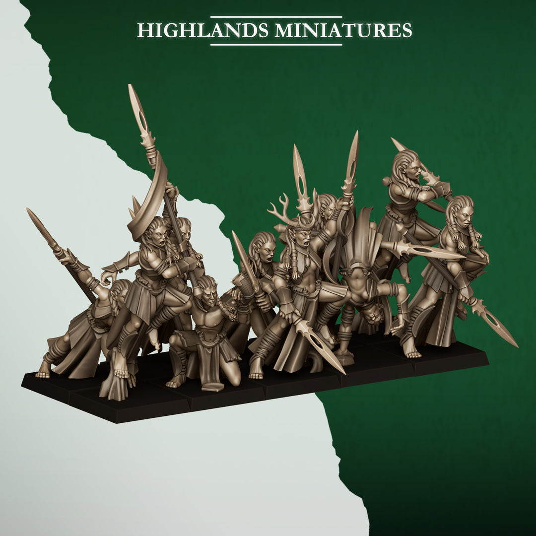 Feral Elf Bladesingers unpainted resin elf miniature by Highlands Miniatures, 28-32mm DnD tabletop model.