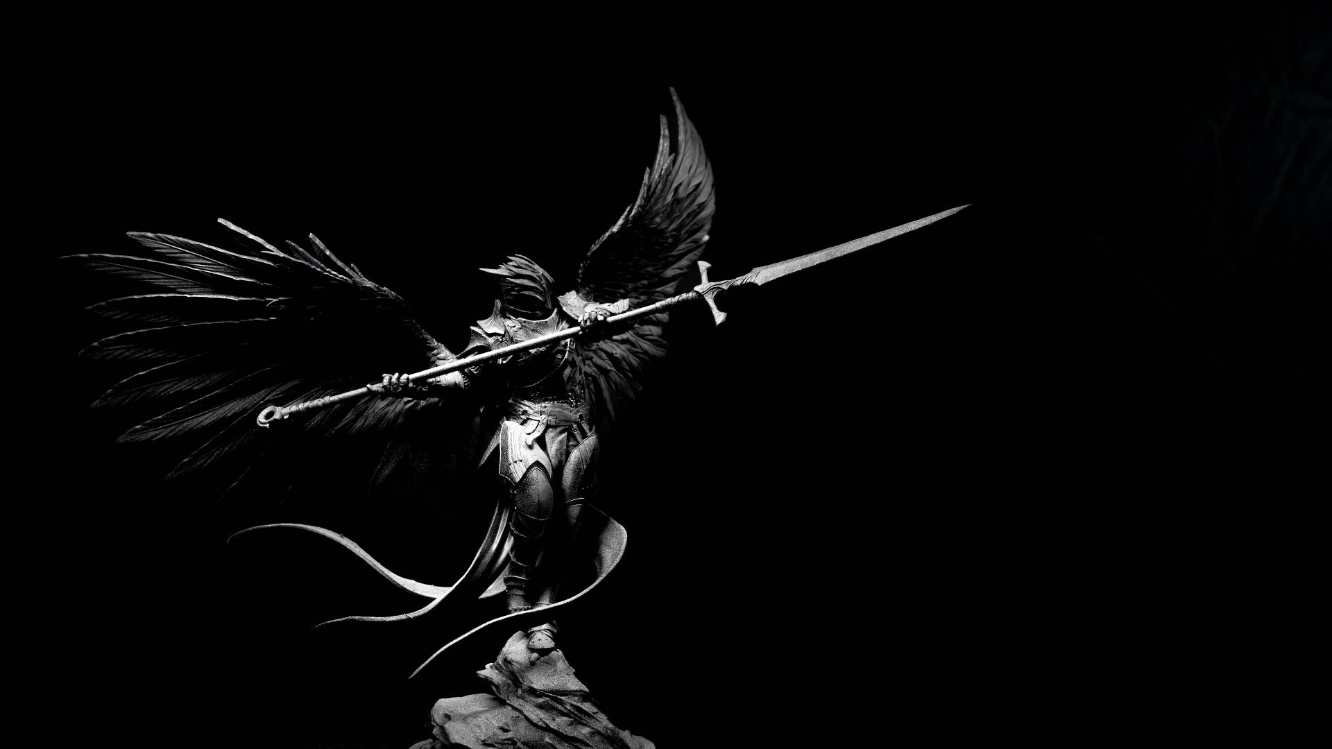 Black and white statue of a warrior with a spear on a dark background
