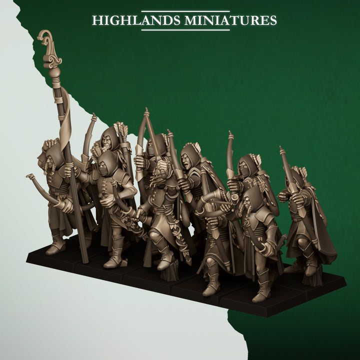 Feral Archers unpainted resin elf miniature by Highlands Miniatures, 28-32mm DnD tabletop model.