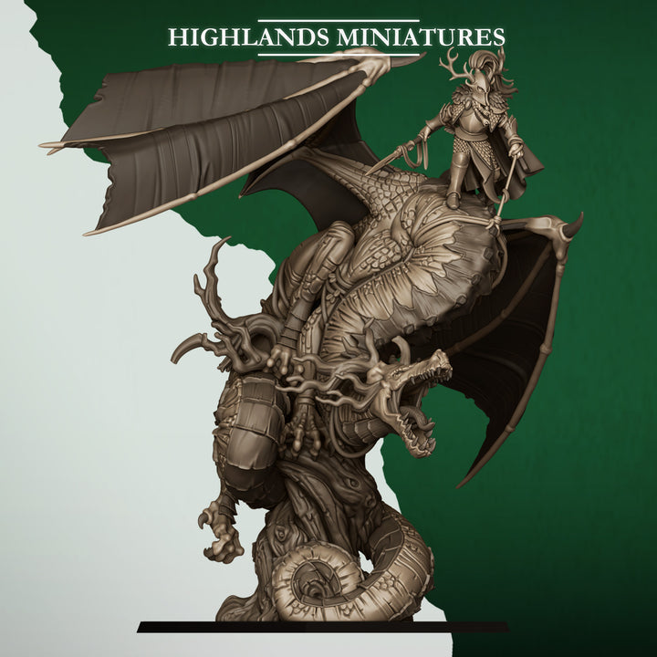 Feral Elf Prince on Feral Dragon unpainted resin dragon miniature by Highlands Miniatures, 28-32mm DnD tabletop model.