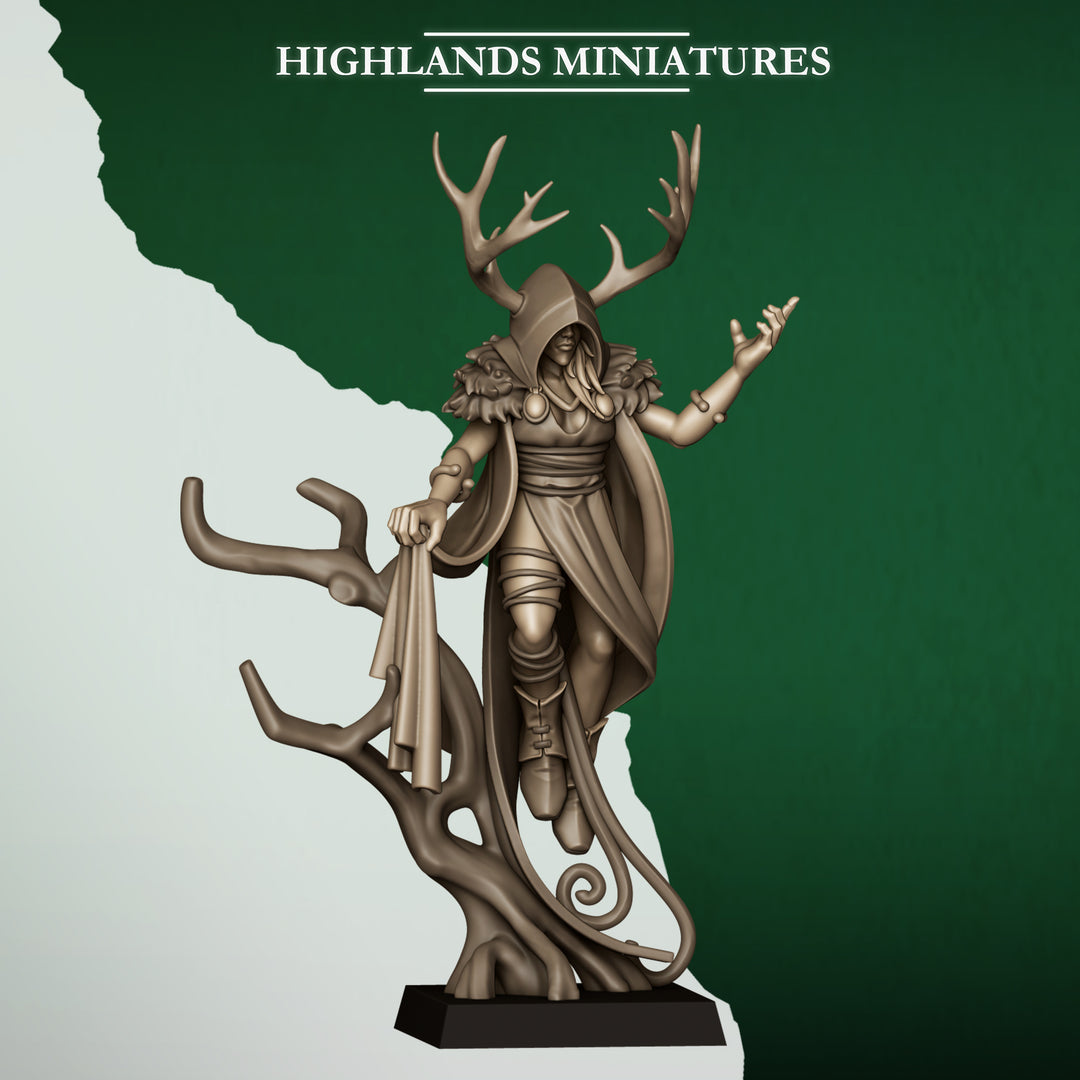Feral Elf Druid unpainted resin elf miniature by Highlands Miniatures, 28-32mm DnD tabletop model.