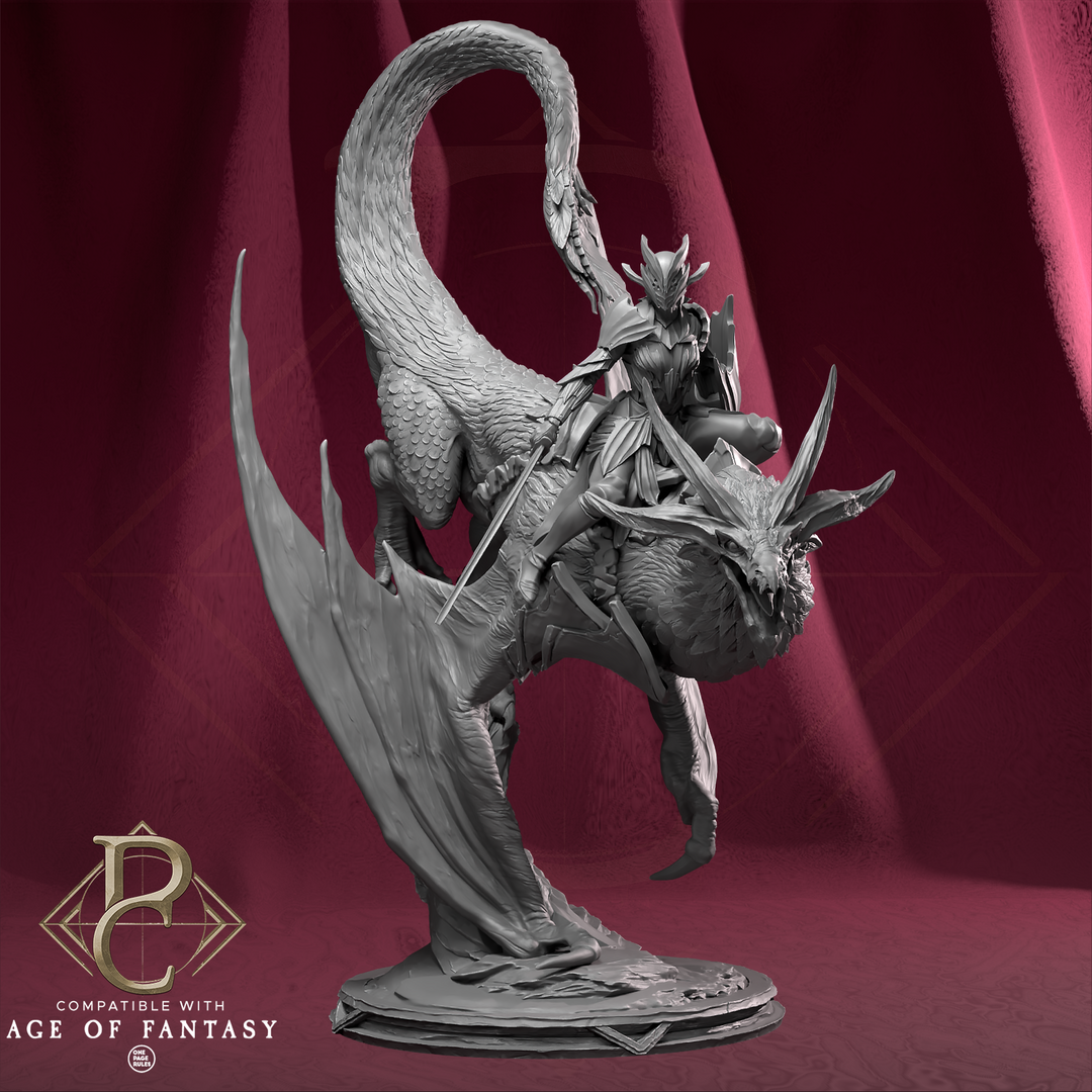 Vaelor on Skyrend unpainted resin dragon miniature by Parasite Collectibles, 28-32mm DnD tabletop model.