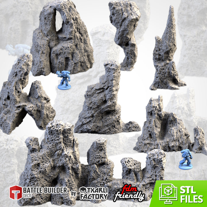 Volcanic Rocks - Complete Terrain Set tabletop terrain piece by Txarli Factory, 28-32mm wargaming scenery.