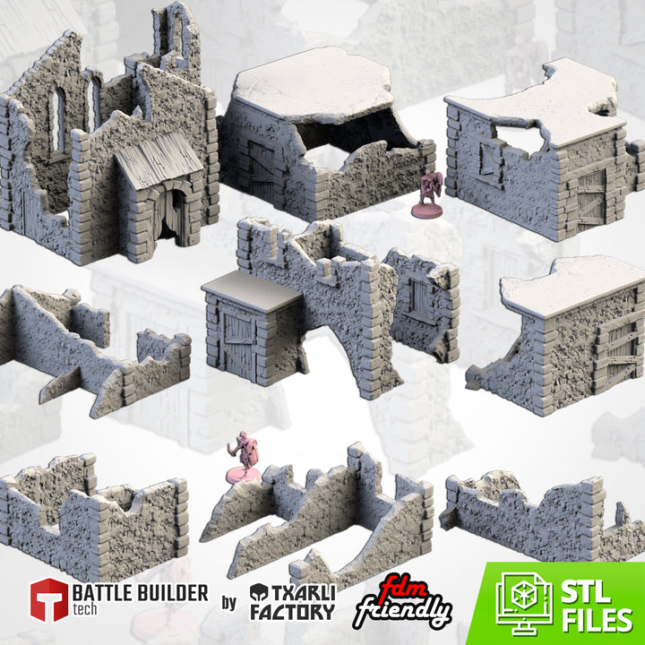 Abandoned Town - Complete Terrain Set tabletop terrain piece by Txarli Factory, 28-32mm wargaming scenery.