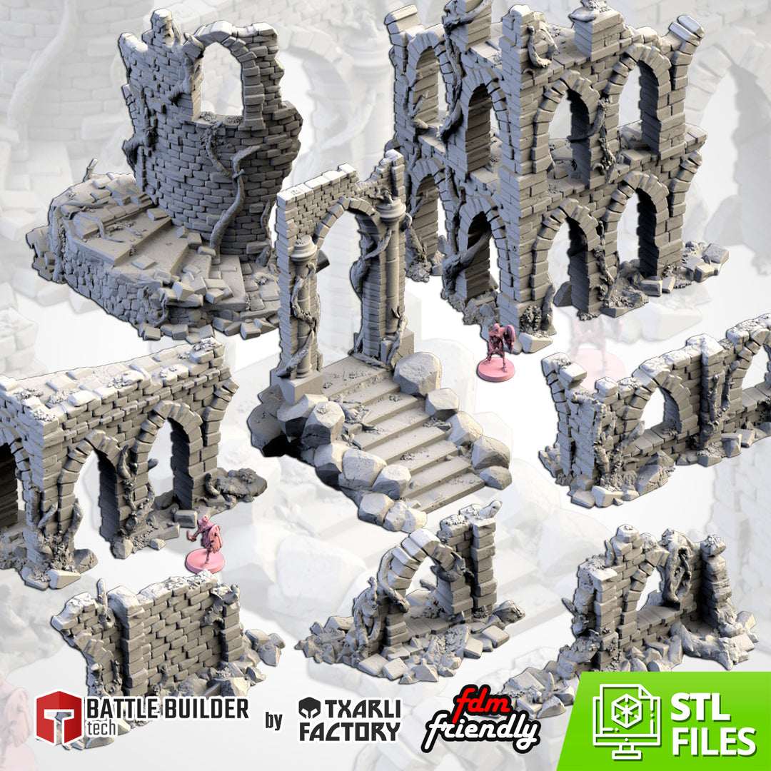 Abandoned City Ruins - Complete Terrain Set tabletop terrain piece by Txarli Factory, 28-32mm wargaming scenery.