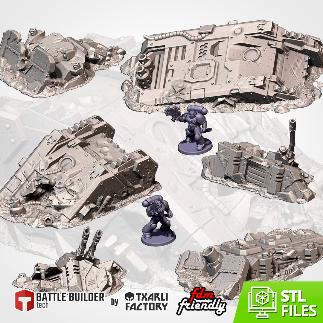 Crashed Tanks - Complete Sci-Fi Terrain Set tabletop terrain piece by Txarli Factory, 28-32mm wargaming scenery.