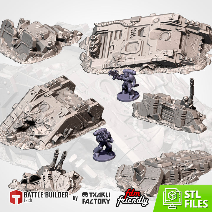 Crashed Tanks - Complete Sci-Fi Terrain Set tabletop terrain piece by Txarli Factory, 28-32mm wargaming scenery.