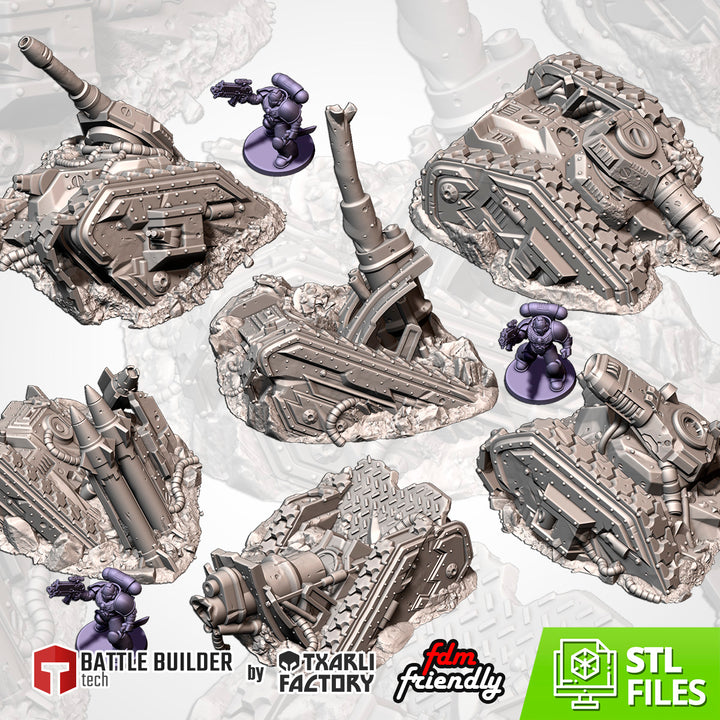 Destroyed Tanks - Complete Sci-Fi Terrain Set tabletop terrain piece by Txarli Factory, 28-32mm wargaming scenery.