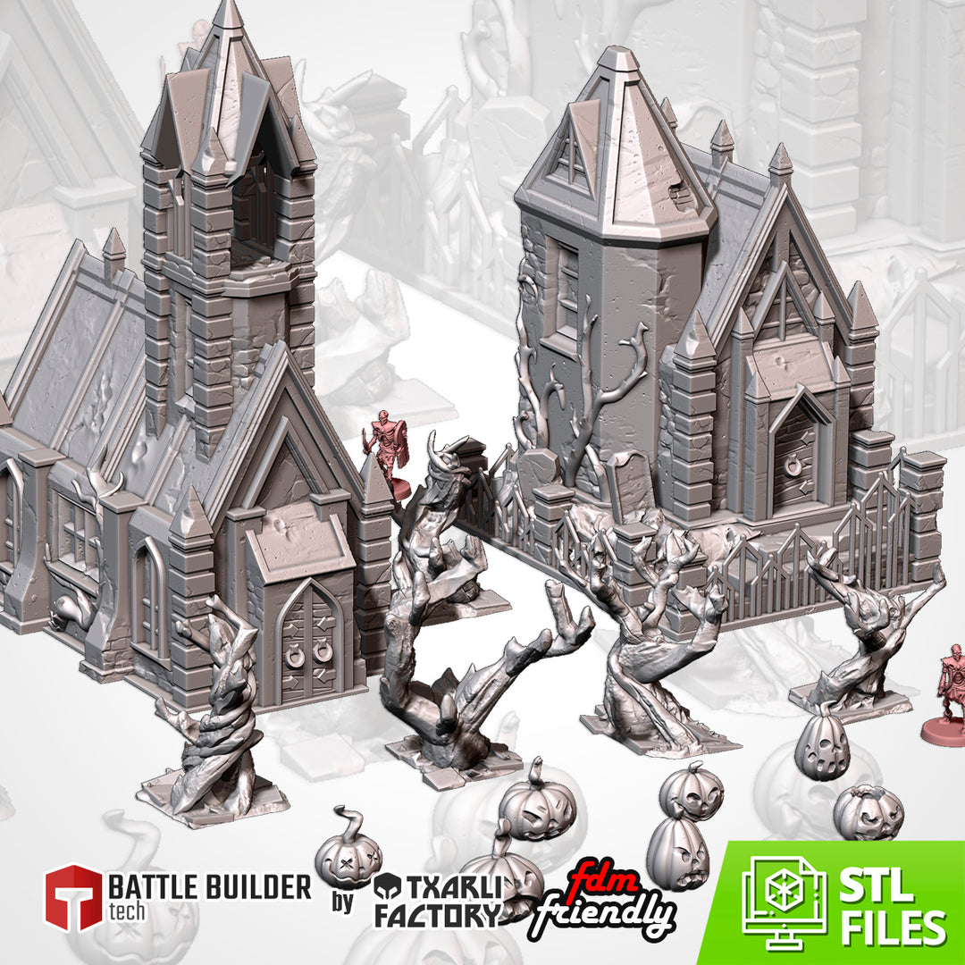 Night of the Living Dead Church - Fantasy Terrain Set tabletop terrain piece by Txarli Factory, 28-32mm wargaming scenery.