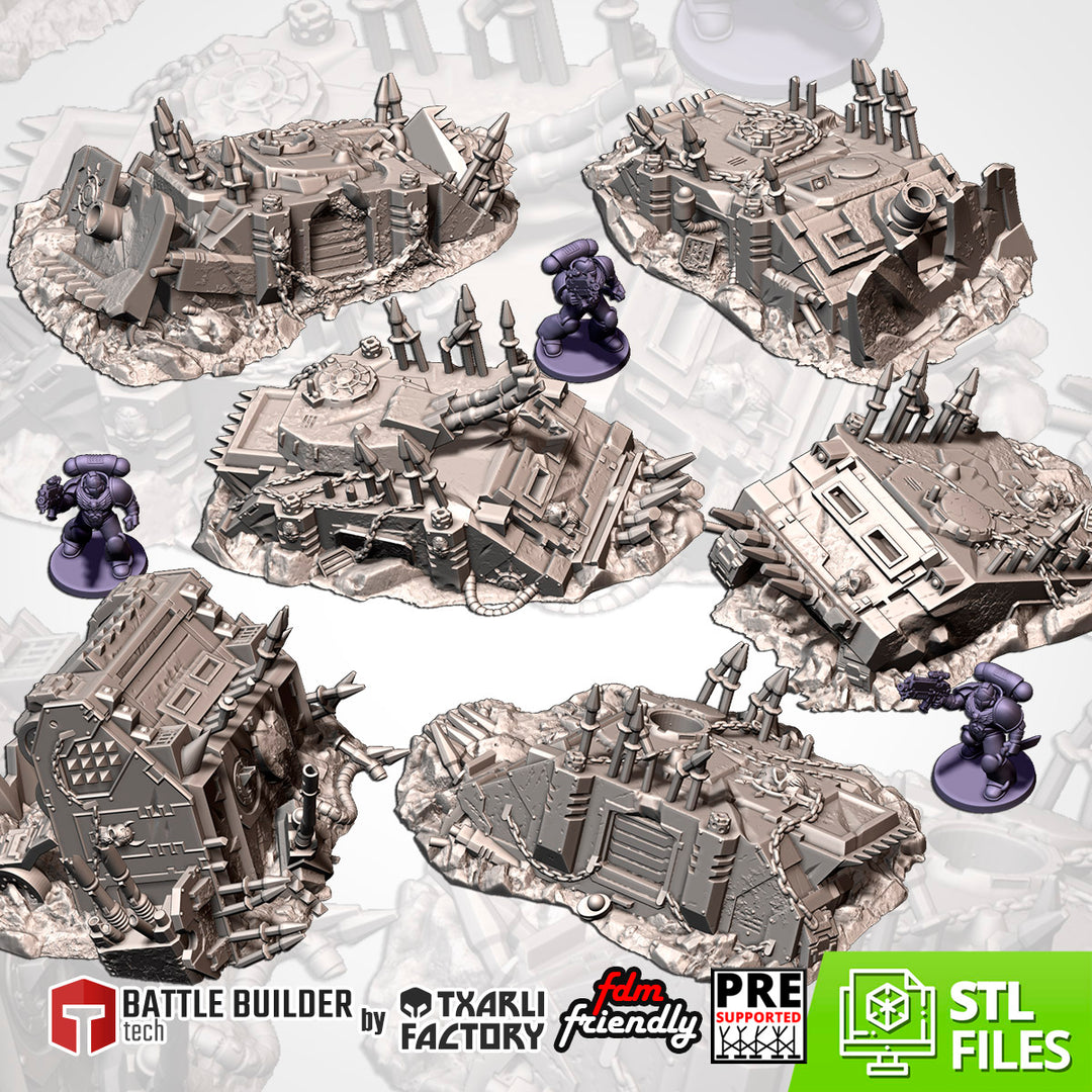 Destroyed Infernal Tanks - Complete Sci-Fi Terrain Set tabletop terrain piece by Txarli Factory, 28-32mm wargaming scenery.
