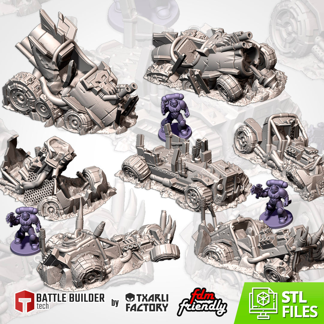 Destroyed Orc Buggies - Complete Sci-Fi Terrain Set