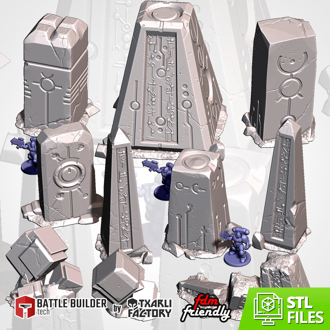 Xenos Monoliths - Complete Sci-Fi Terrain Set tabletop terrain piece by Txarli Factory, 28-32mm wargaming scenery.