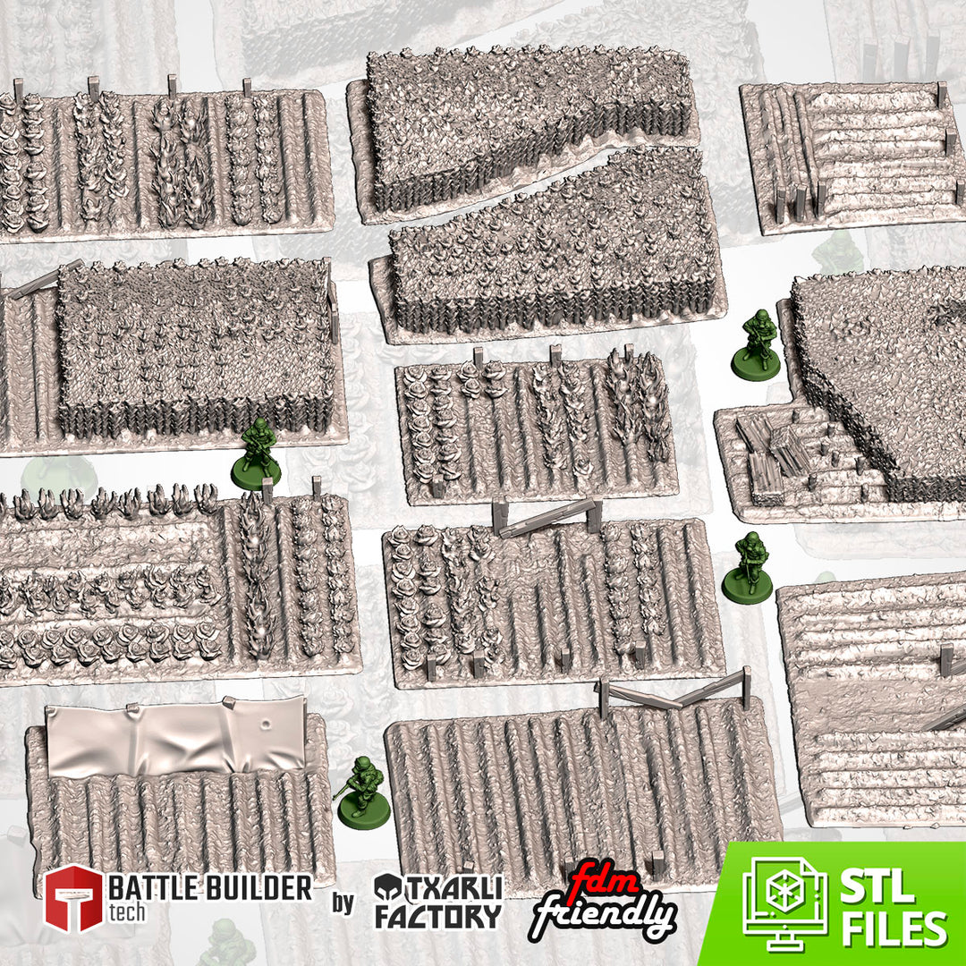 Crop Fields - Complete Set tabletop terrain piece by Txarli Factory, 28-32mm wargaming scenery.