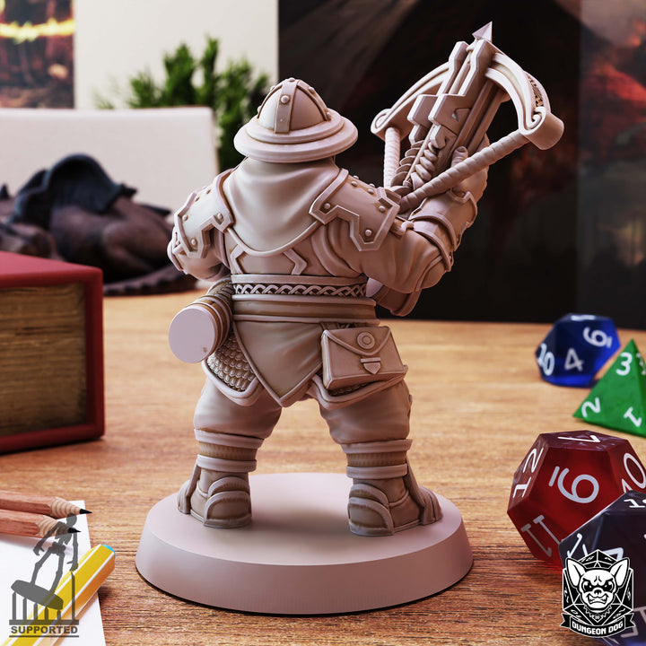 Dwarf Crosswbowers unpainted resin dwarf miniature by Dungeon Dog, 28-32mm DnD tabletop model.
