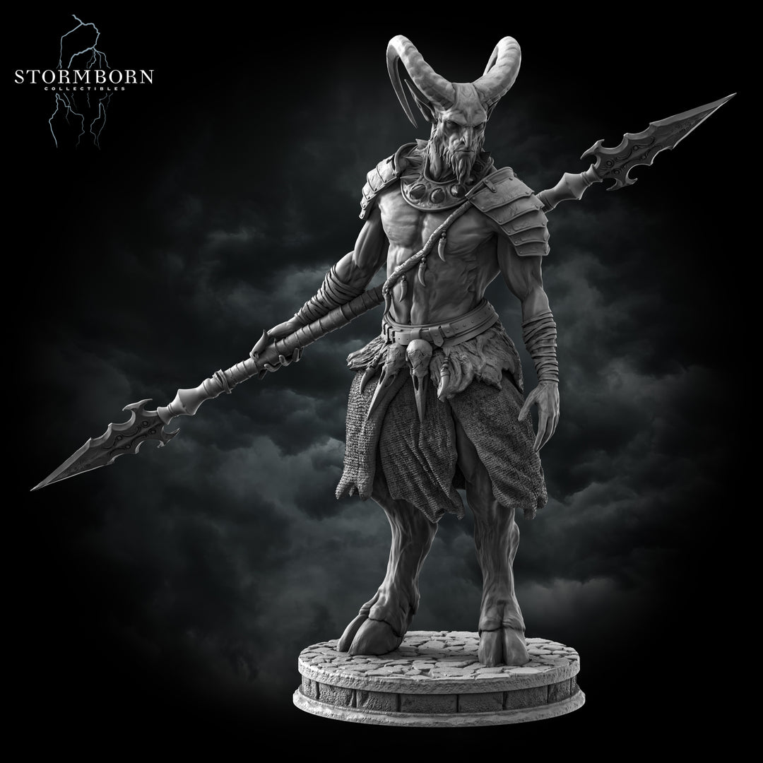 Satyr unpainted resin character miniature by Stormborn Collectibles, 28-32mm DnD tabletop model.