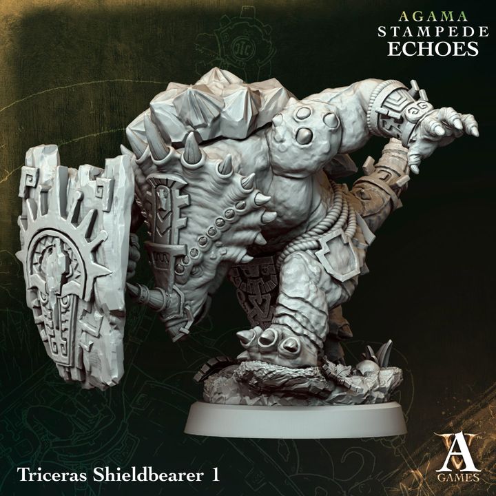 Triceras Shieldbearers unpainted resin lizardfolk miniature by Archvillain Games, 28-32mm DnD tabletop model.
