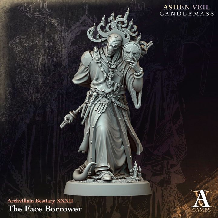 The Face Borrower unpainted resin character miniature by Archvillain Games, 28-32mm DnD tabletop model.