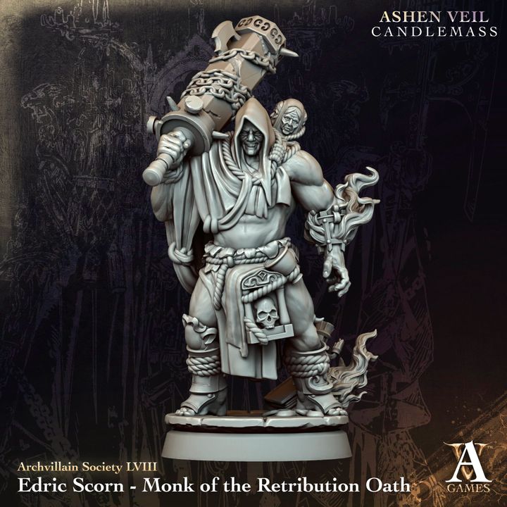 Edric Scorn - Monk of the Retribution Oath unpainted resin monk miniature by Archvillain Games, 28-32mm DnD tabletop model.
