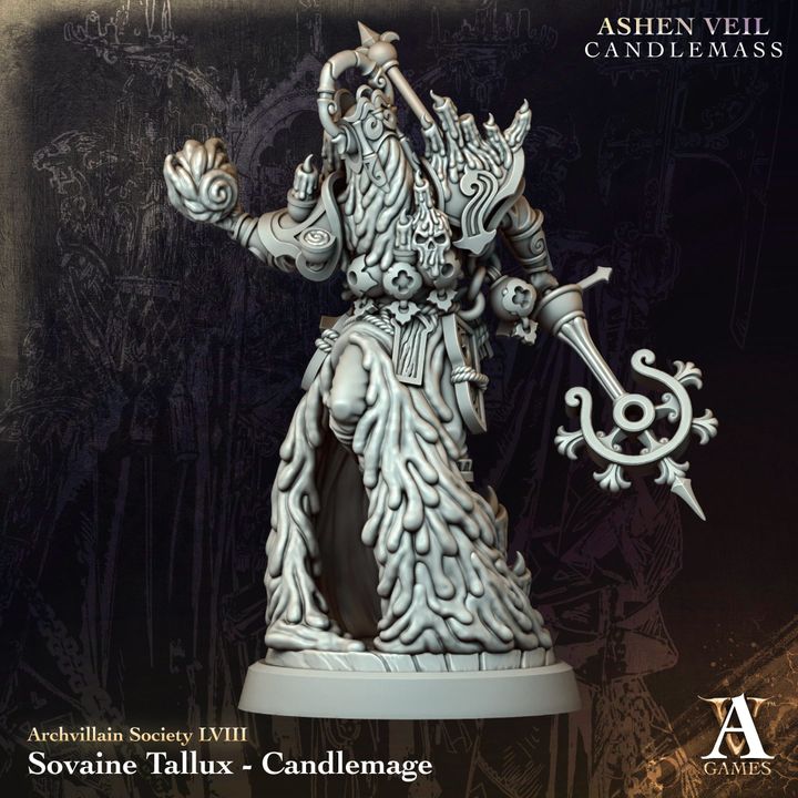 Soviane Tallux - Candlemage unpainted resin mage miniature by Archvillain Games, 28-32mm DnD tabletop model.