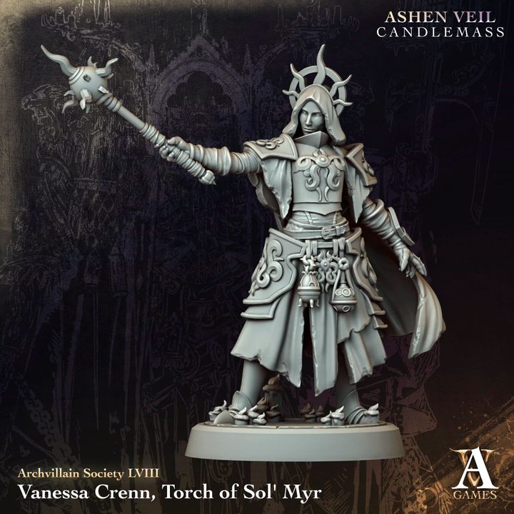 Vanessa Crenn - Torch of Sol'Myr unpainted resin character miniature by Archvillain Games, 28-32mm DnD tabletop model.