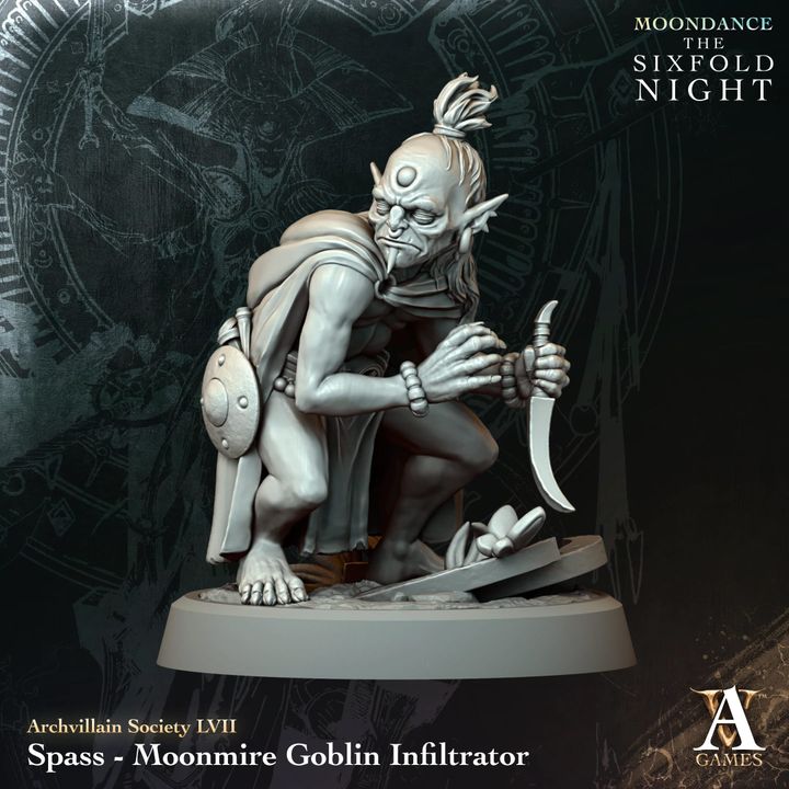 Spass - Moonmire Goblin Infiltrator unpainted resin goblin miniature by Archvillain Games, 28-32mm DnD tabletop model.