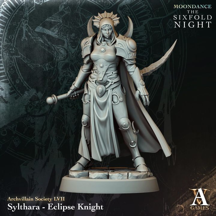 Sylthara - Eclipse Knight unpainted resin knight miniature by Archvillain Games, 28-32mm DnD tabletop model.