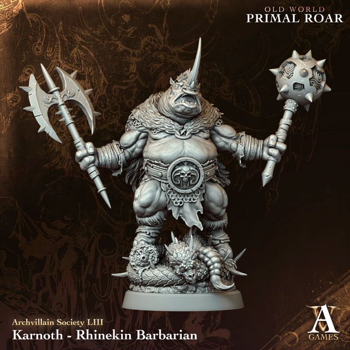 Karnoth - Rhinekin Barbarian unpainted resin barbarian miniature by Archvillain Games, 28-32mm DnD tabletop model.