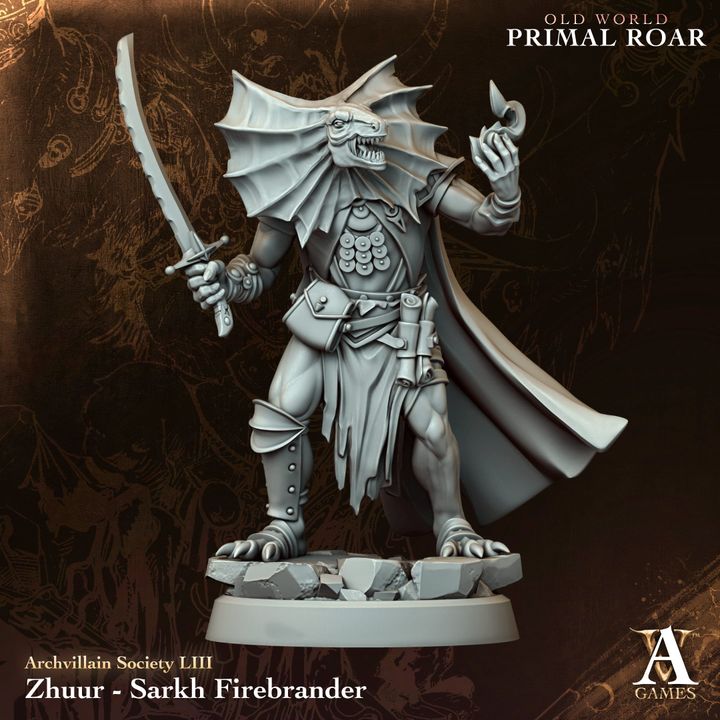 Zhuur - Sarkh Firebrander unpainted resin lizardfolk miniature by Archvillain Games, 28-32mm DnD tabletop model.