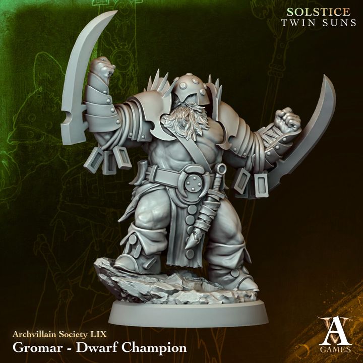 Gromar - Dwarf Champion unpainted resin dwarf miniature by Archvillain Games, 28-32mm DnD tabletop model.