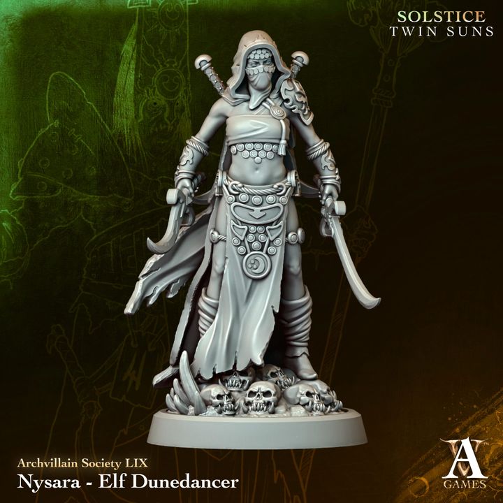 Nysara - Elf Dunedancer unpainted resin elf miniature by Archvillain Games, 28-32mm DnD tabletop model.