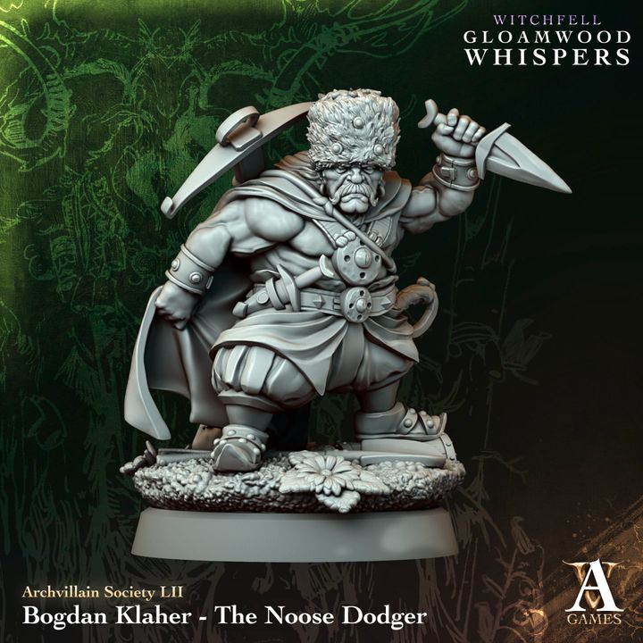 Bogdan Klaher - The Noose Dodger unpainted resin dwarf miniature by Archvillain Games, 28-32mm DnD tabletop model.