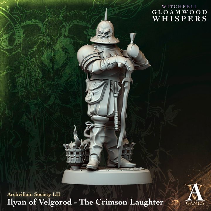 Ilyan of Velgorod - The Crimson Laughter unpainted resin character miniature by Archvillain Games, 28-32mm DnD tabletop model.
