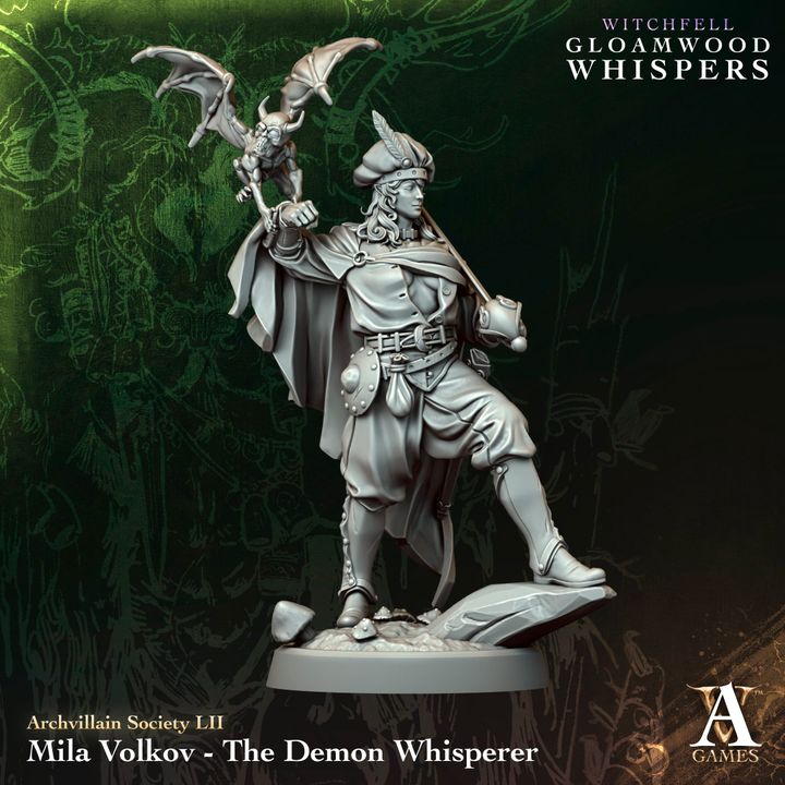 Mila Volkov - The Demon Whisperer unpainted resin character miniature by Archvillain Games, 28-32mm DnD tabletop model.