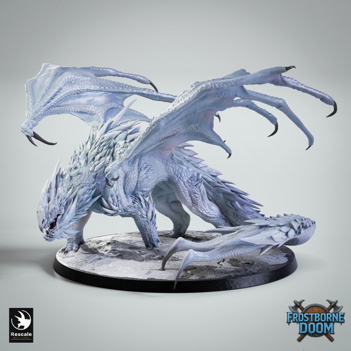 Chromatic White Dragon unpainted resin dragon centerpiece miniature by Rescale Miniatures, 28-32mm DnD tabletop model.