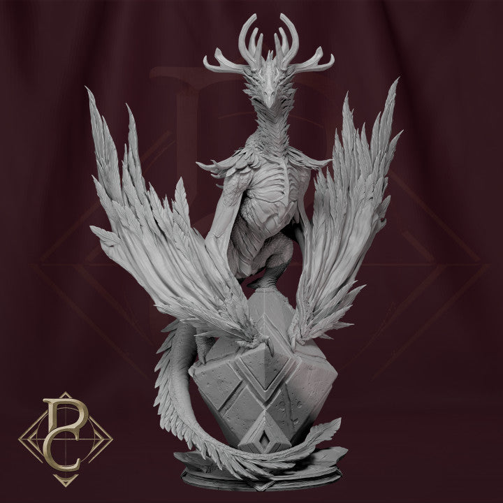 Seraphidax, Guardian of the Luminarum unpainted resin dragon centerpiece miniature by Parasite Collectibles, 28-32mm DnD tabletop model.