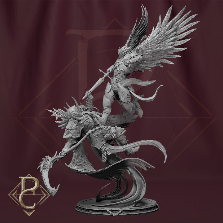 Diorama Clash of the Angels unpainted resin demon centerpiece miniature by Parasite Collectibles, 28-32mm DnD tabletop model.