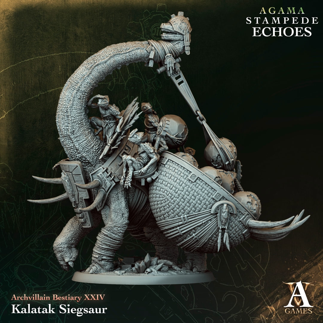 Kalatak Siegsaur unpainted resin lizardfolk miniature by Archvillain Games, 28-32mm DnD tabletop model.