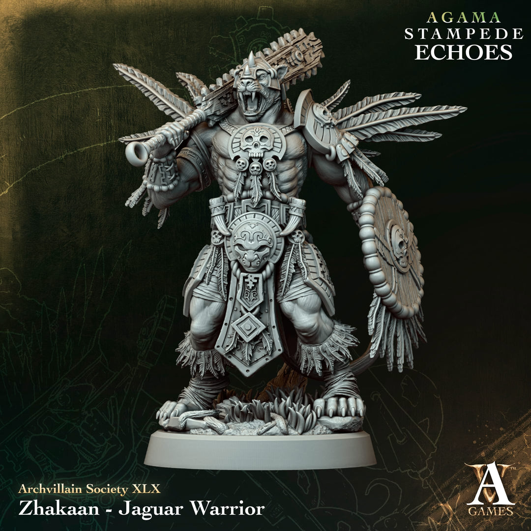 Zhakaan, Jaguar Warrior unpainted resin warrior miniature by Archvillain Games, 28-32mm DnD tabletop model.