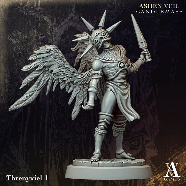 Threnyxiel unpainted resin angel miniature by Archvillain Games, 28-32mm DnD tabletop model.