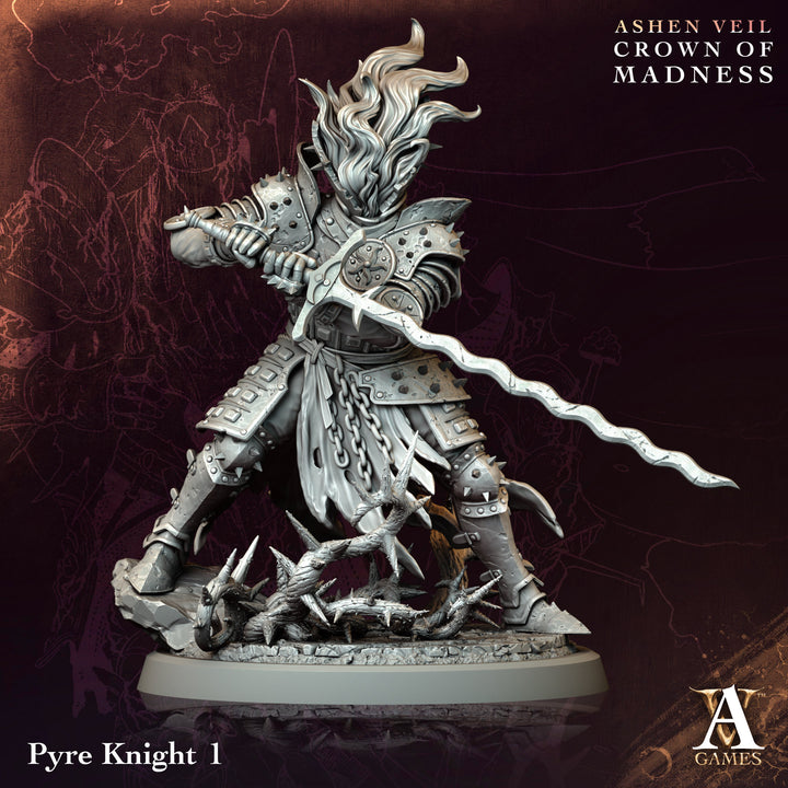 Pyre Knights unpainted resin knight miniature by Archvillain Games, 28-32mm DnD tabletop model.