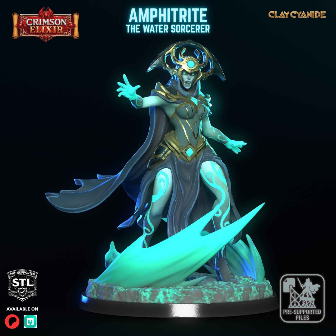 Amphitrite - Water Sorcerer unpainted resin sorcerer miniature by Clay Cyanide, 28-32mm DnD tabletop model.