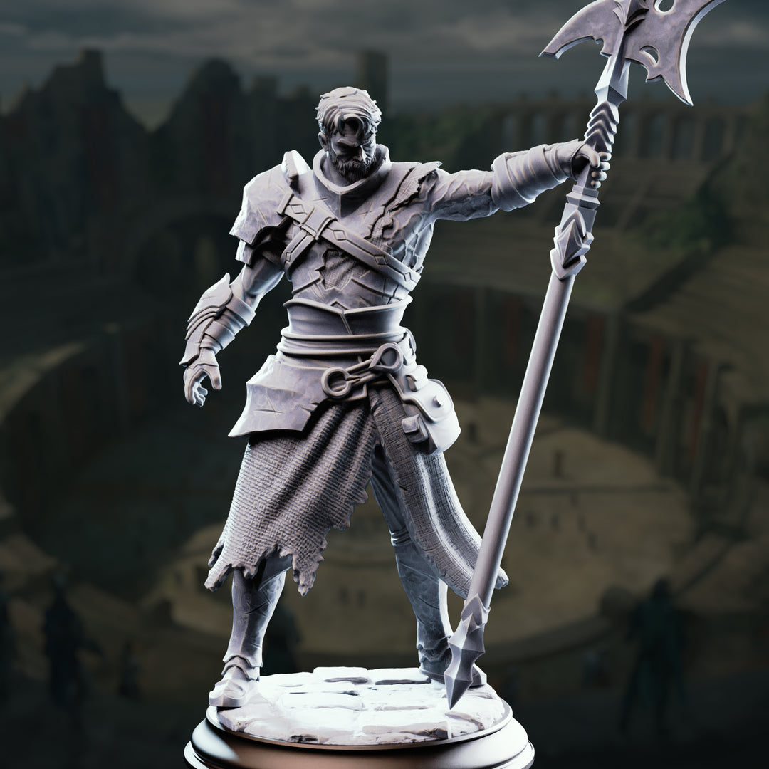 Hexhunter Gladiator - Andrek Strongarm unpainted resin hunter miniature by DM Stash, 28-32mm DnD tabletop model.