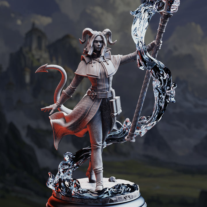 Tiefling Priestess - Aria the Faithful unpainted resin cleric miniature by DM Stash, 28-32mm DnD tabletop model.