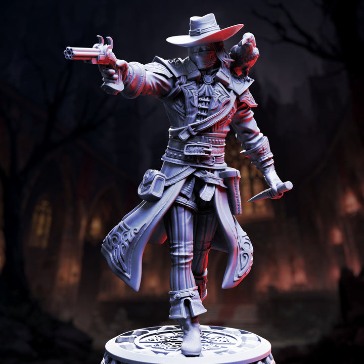 Vampire Hunter Gunslinger - arkham Ravenswood unpainted resin hunter miniature by DM Stash, 28-32mm DnD tabletop model.