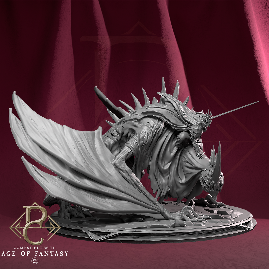 The Shadowed King Mounted on Dragon unpainted resin dragon miniature by Parasite Collectibles, 28-32mm DnD tabletop model.