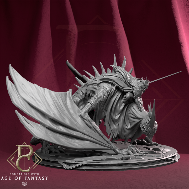 The Shadowed King Mounted on Dragon unpainted resin dragon miniature by Parasite Collectibles, 28-32mm DnD tabletop model.