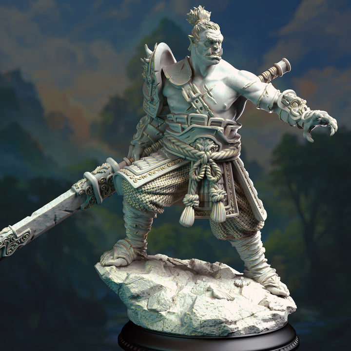 Eastern Orc Battlemaster - Bao Long unpainted resin orc miniature by DM Stash, 28-32mm DnD tabletop model.