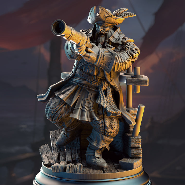 Dwarf Pirate Captain - Baradin Blackbeard unpainted resin dwarf miniature by DM Stash, 28-32mm DnD tabletop model.