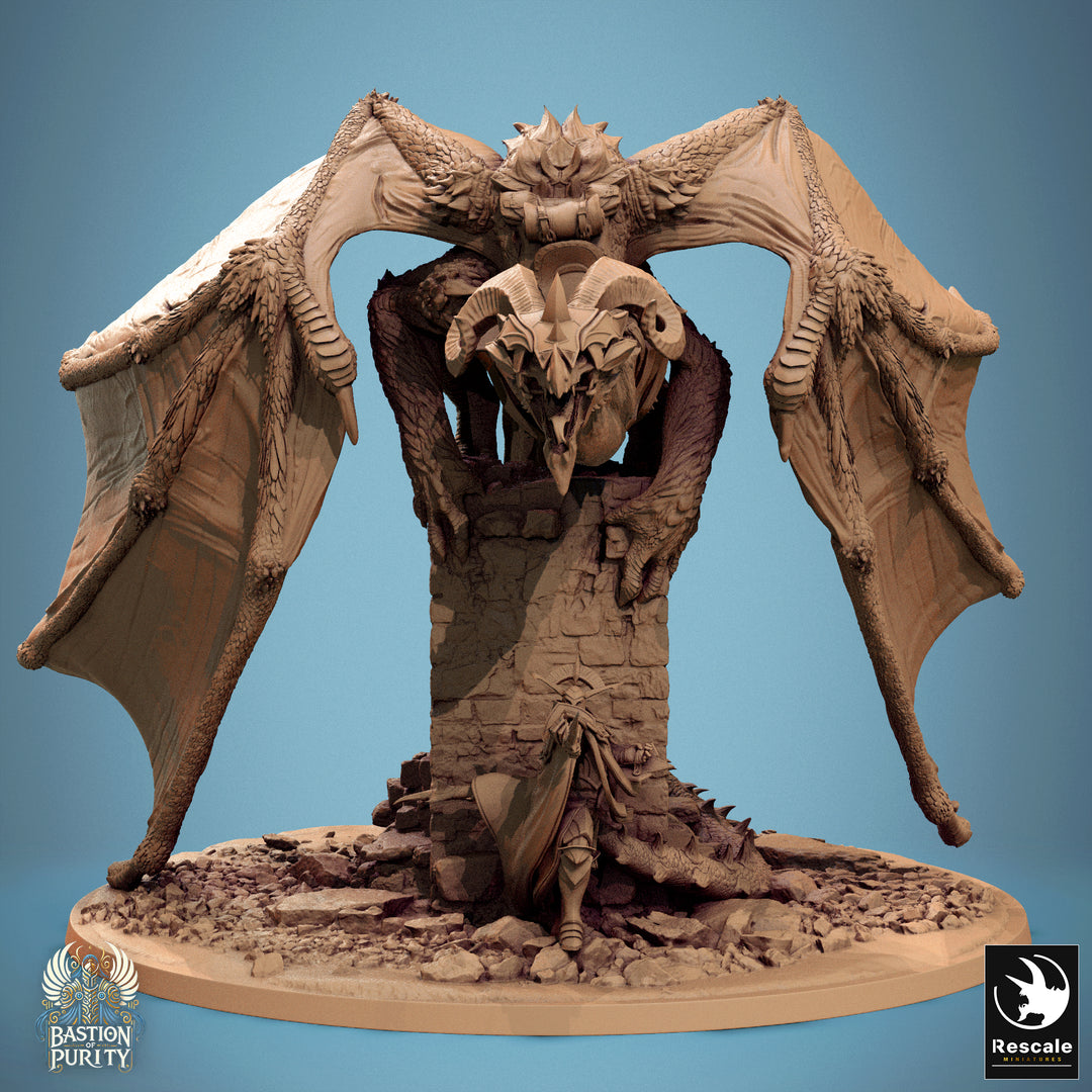Dragon on a pillar unpainted resin dragon miniature by Rescale Miniatures, 28-32mm DnD tabletop model.