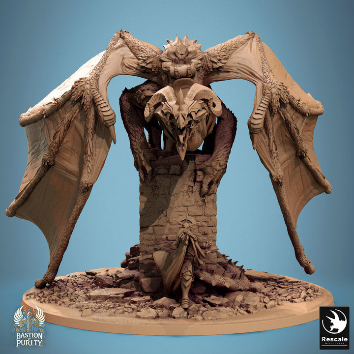 Dragon on a pillar unpainted resin dragon miniature by Rescale Miniatures, 28-32mm DnD tabletop model.